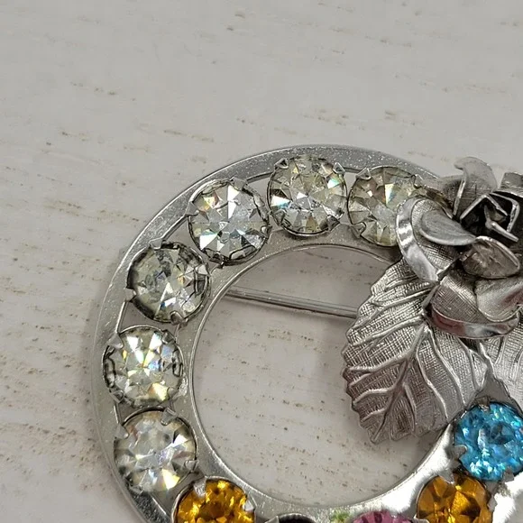 Sterling Silver Multi Color Rhinestone Wreath Brooch Pin Set Mother's Day Gift - Picture 7 of 12